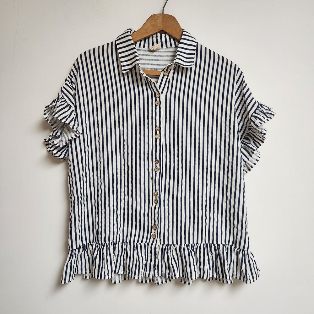 Striped Ruffle Button-Down Blouse - Navy & White